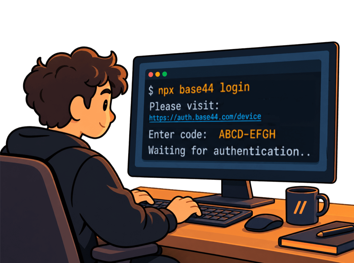 A developer logging in to Base44 from the terminal