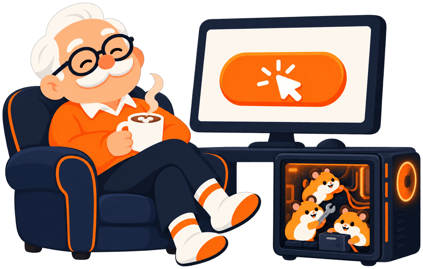 A grandpa relaxing in his armchair with a coffee while tiny hamsters inside the computer do the work