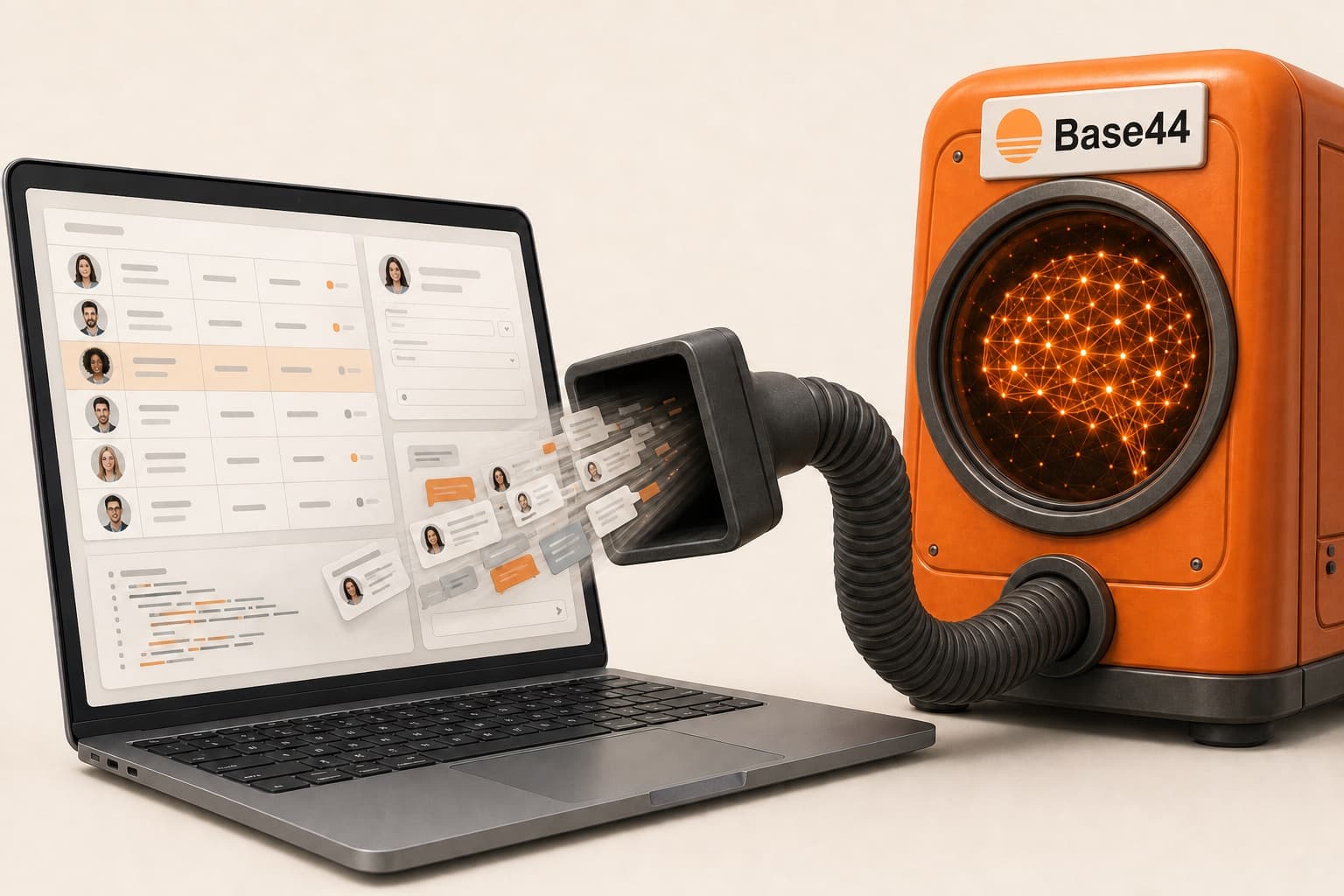 A Base44 machine with a glowing AI brain inside, its hose and nozzle sucking an app's user records, chats and code off a laptop screen