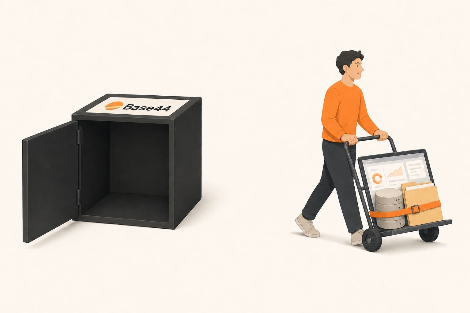An app owner wheeling their complete app, its database and files strapped to it, away from an open and empty Base44 box