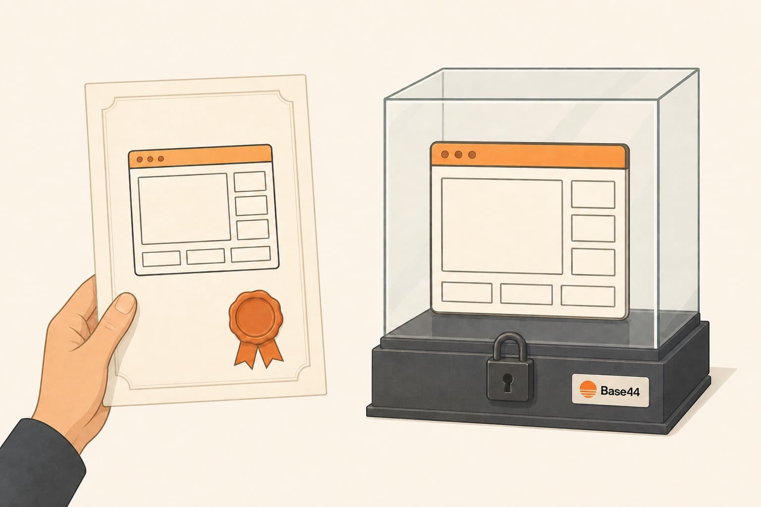 A hand holding an ownership certificate for an app while the app itself sits locked inside a Base44 display case