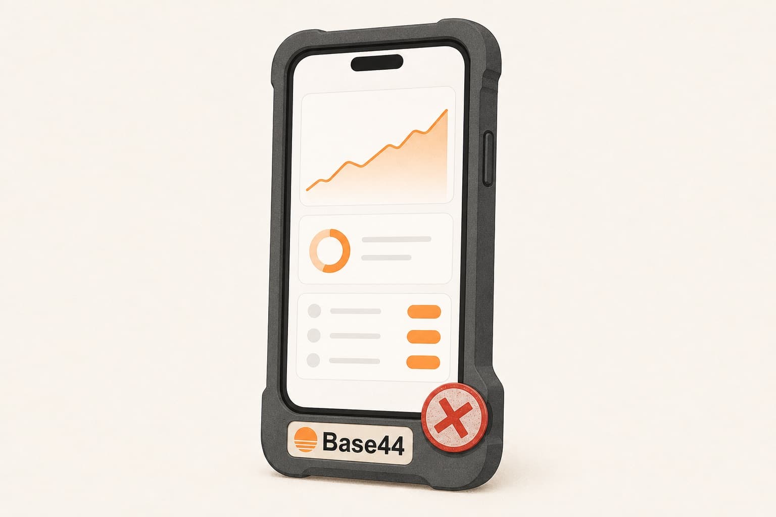 A phone running a healthy app inside a Base44-branded shell, with Apple's red rejection mark on the shell rather than on the app