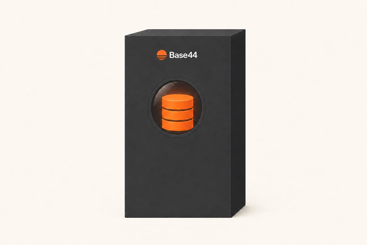 A database locked inside a closed Base44 server box, visible through a small window