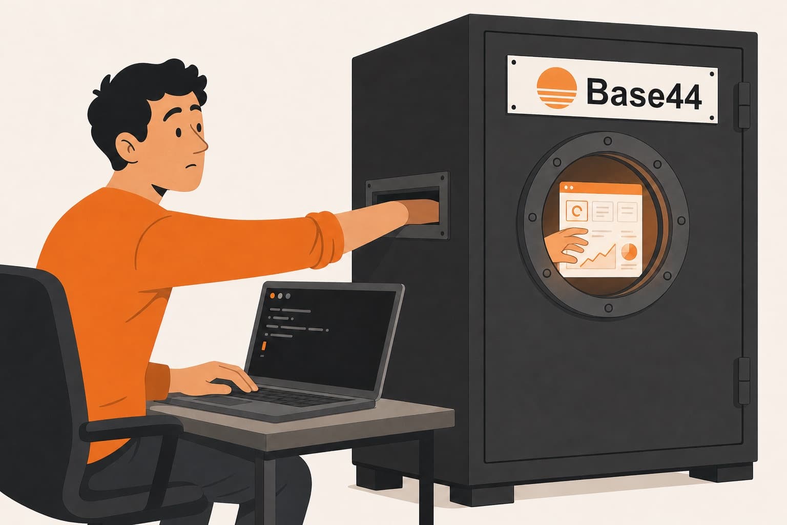 A person at a laptop showing a terminal, one arm pushed through a narrow slot in a closed Base44 safe to reach the app glowing behind its porthole