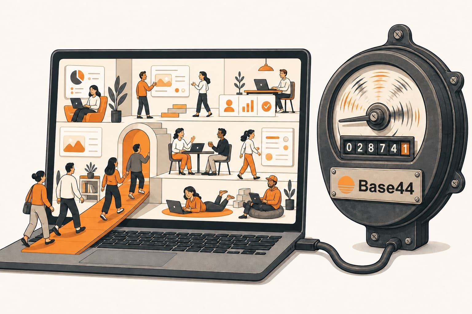 People walking into an app on a laptop screen, and a big Base44 utility meter plugged into the laptop, its dial spinning as it counts every one of them