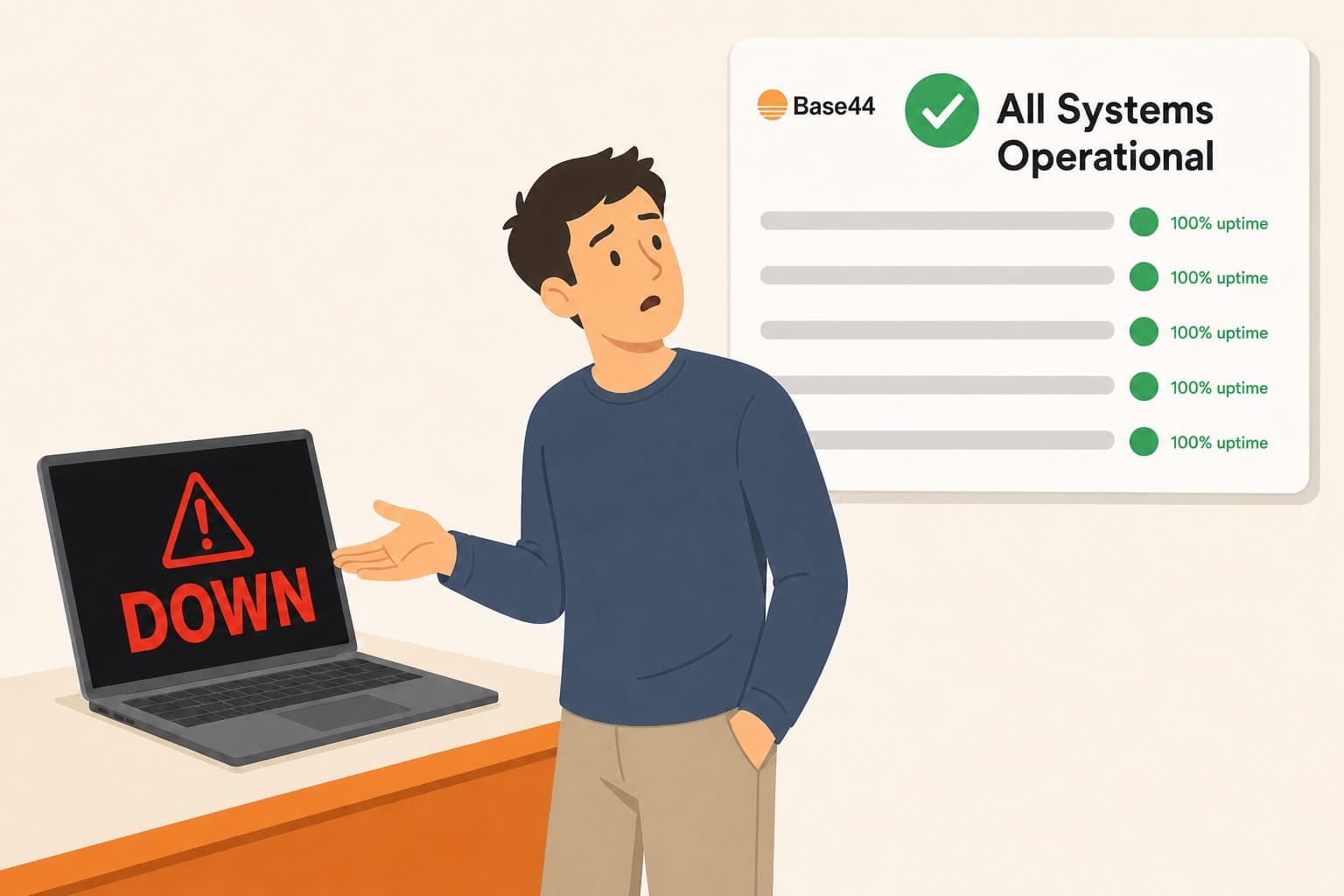 A confused man gesturing at a laptop whose screen says DOWN under a red warning triangle while looking up at a Base44 status board that reads All Systems Operational with 100% uptime on every row