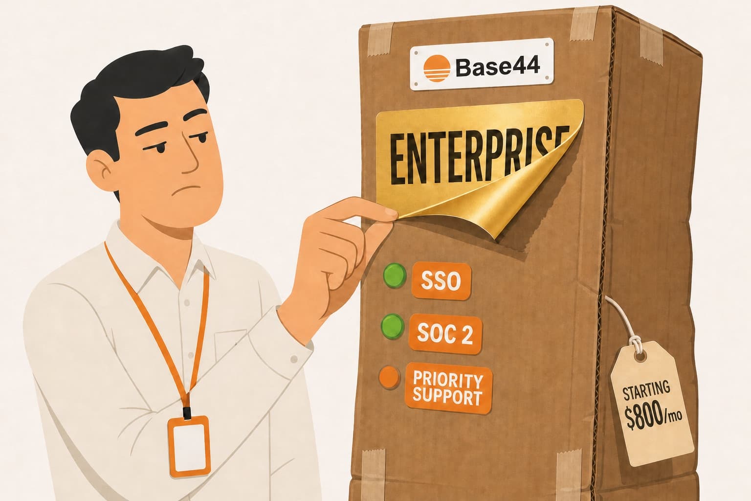 An IT reviewer with a lanyard peeling a gold ENTERPRISE sticker off a Base44 cardboard box standing in for a server rack, with SSO, SOC 2 and PRIORITY SUPPORT labels and a price tag reading starting $800 a month