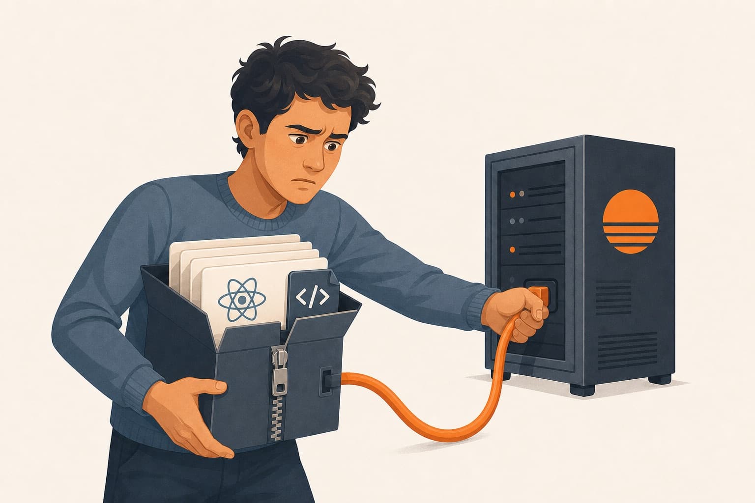 A confused app owner holding exported code while trying to unplug a cable that is still connected to a Base44 server