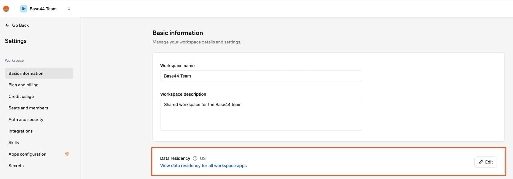 Base44 workspace Data residency setting with US, EU and UK choices