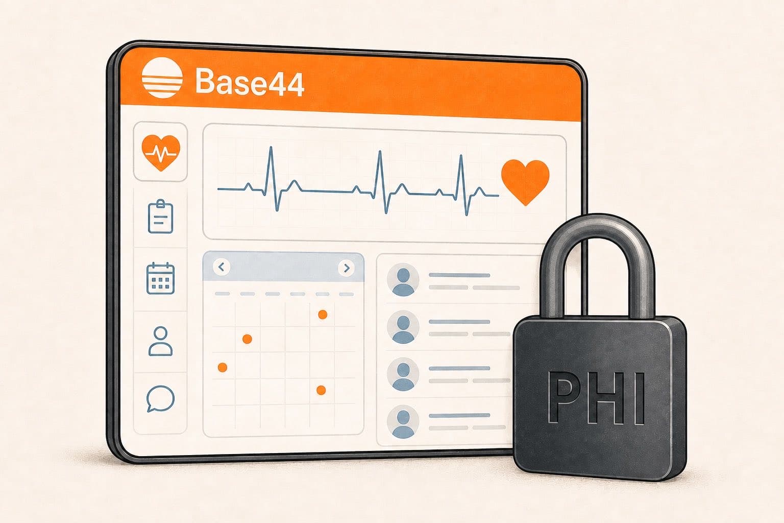 Base44 healthcare app dashboard beside a locked padlock labeled PHI