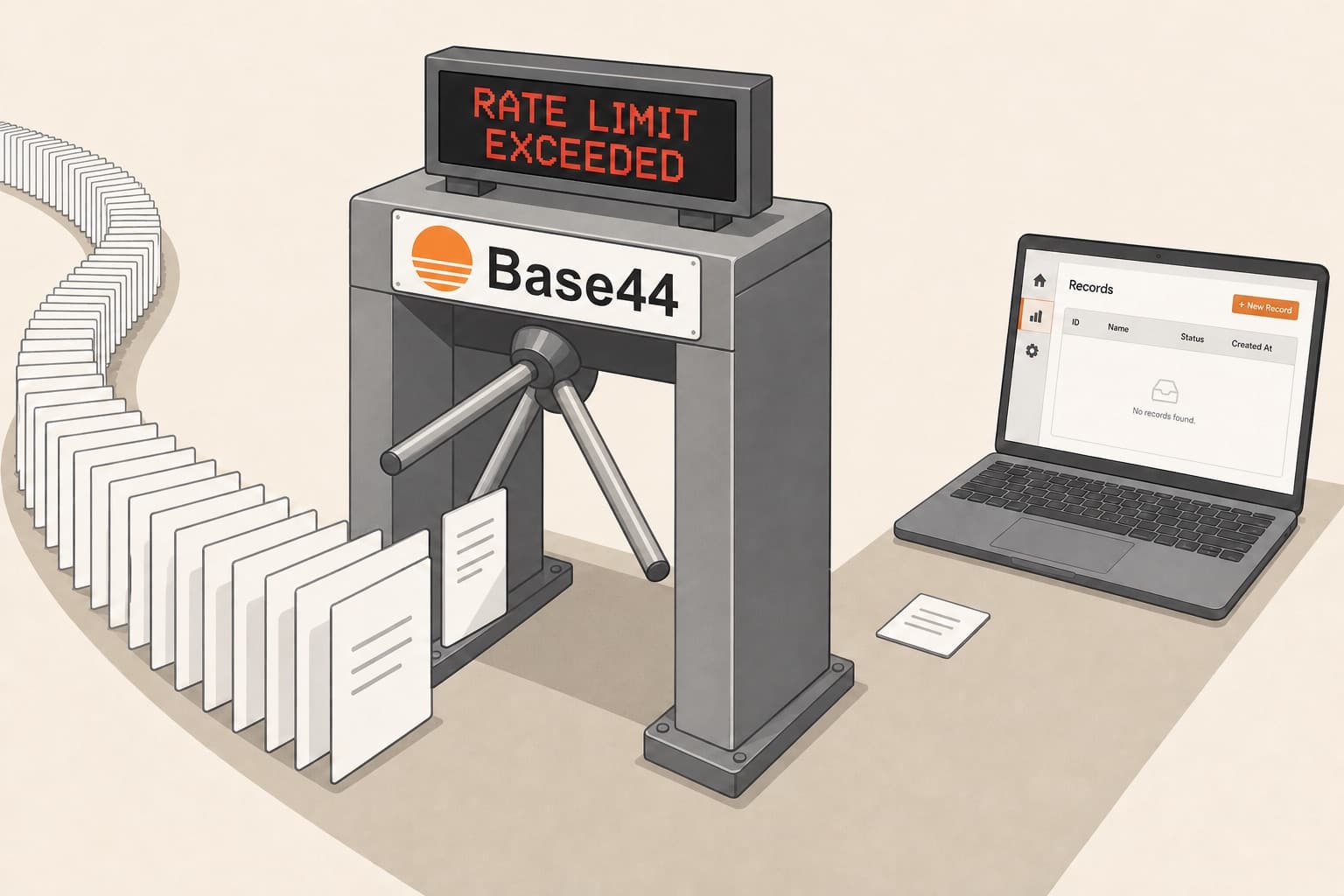 A queue of record cards backed up at a locked Base44 turnstile whose display reads RATE LIMIT EXCEEDED, next to a laptop showing an empty records table