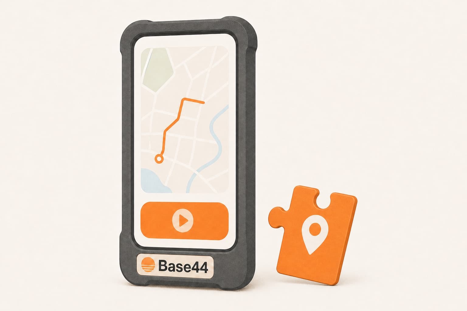 A phone running a run-tracking map inside a sealed Base44 shell, with an orange puzzle piece marked with a location pin outside it and nowhere to fit