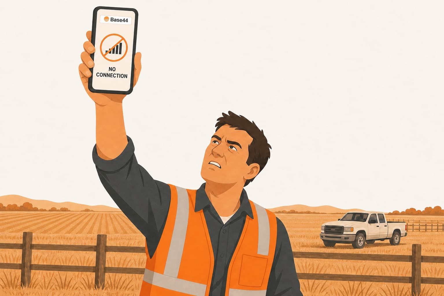 A field inspector in a hi-vis vest in open farmland, holding his phone up high for signal, its screen showing Base44's no-connection message under a crossed-out signal icon