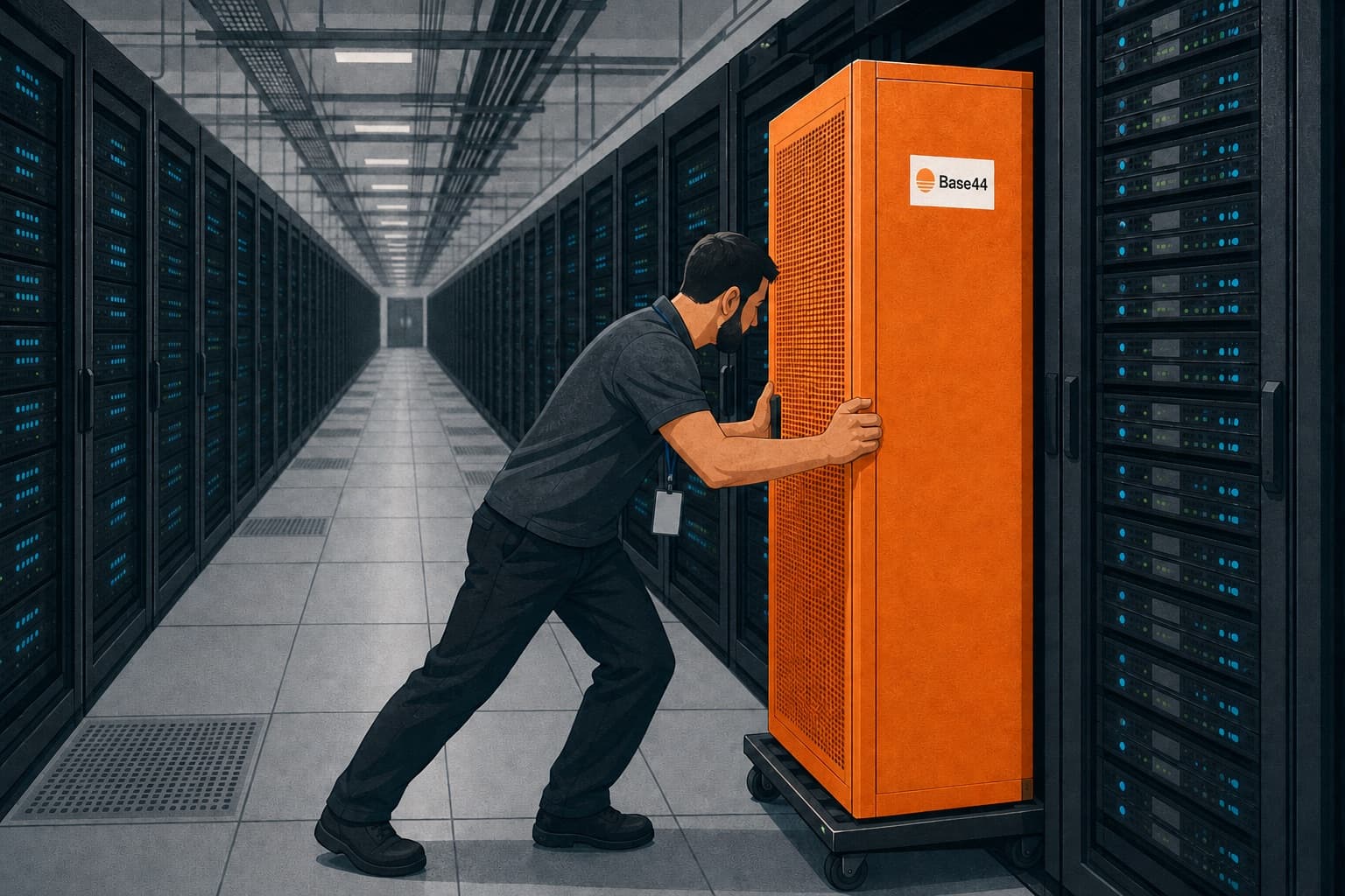 An IT technician in a server farm pushing one orange Base44 server rack into a gap between identical company racks