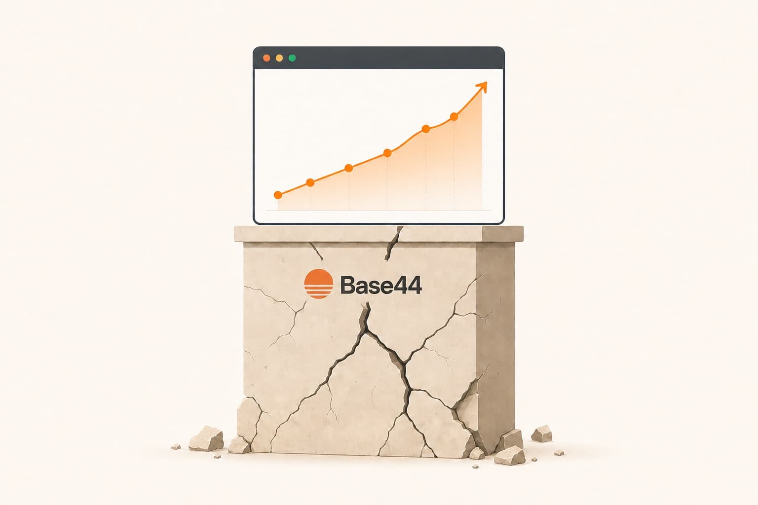 A growing app, its chart rising, standing intact on a cracked Base44 stone pedestal