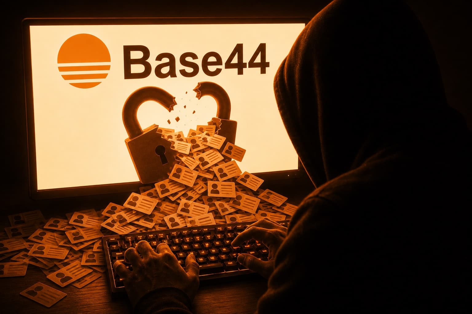 A hacker in a hoodie typing in a dark room, his screen showing the Base44 logo and a padlock snapped in half, with users' records pouring out of the broken lock onto his desk