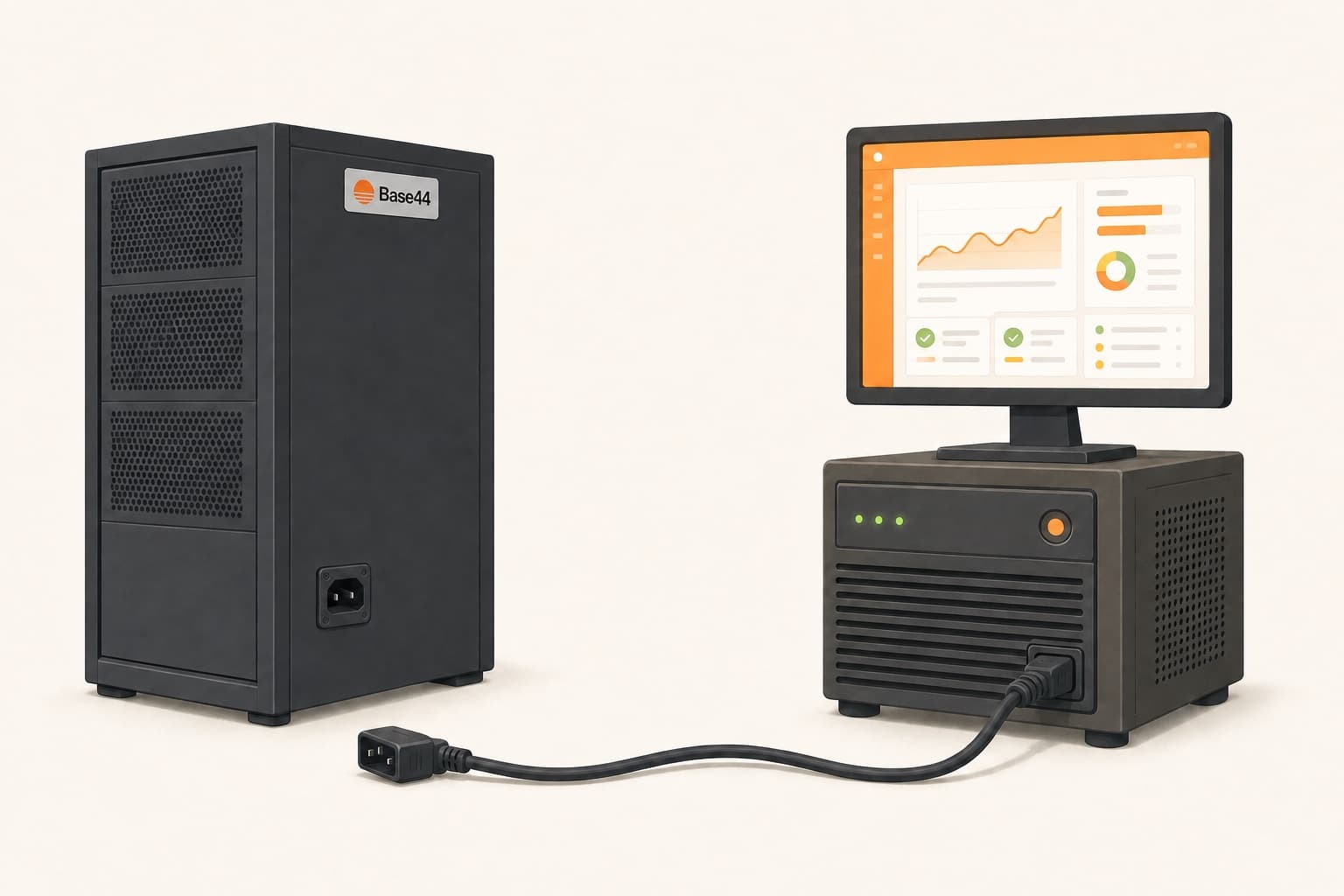 A web app running on a small personal server while a dark Base44 cabinet stands unplugged beside it
