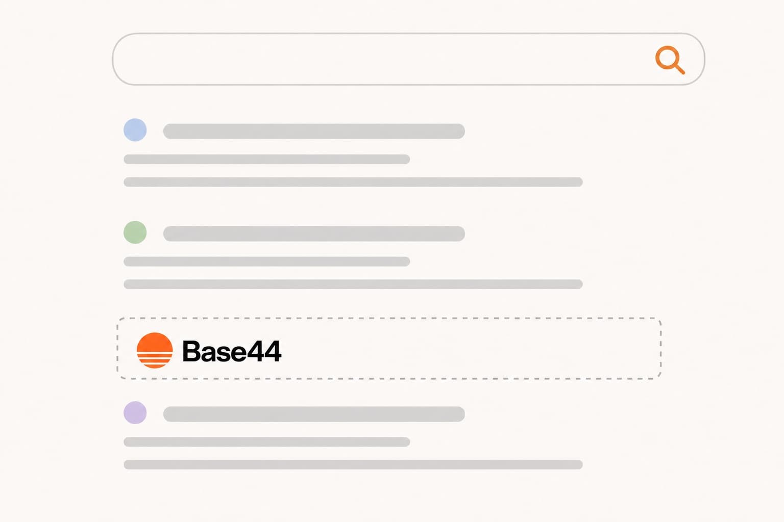 A Base44 app missing from a search results page, shown only as an empty dotted outline
