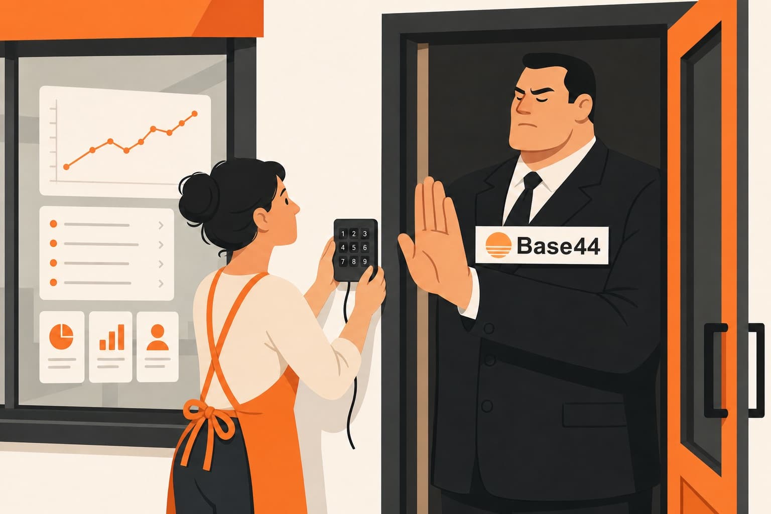 A shop owner holding a door keypad up to her own shop's door, where a doorman with a Base44 badge holds his palm out to stop her, the shop window showing her app's dashboard
