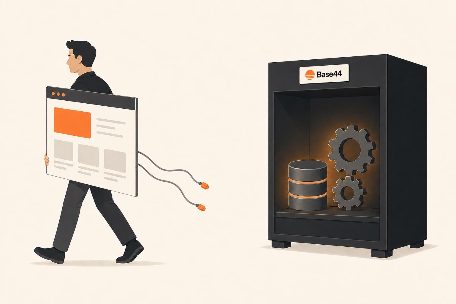 A person carries away only the flat front screen of their app, trailing unplugged cables, while the app's database and machinery stay inside a Base44 cabinet