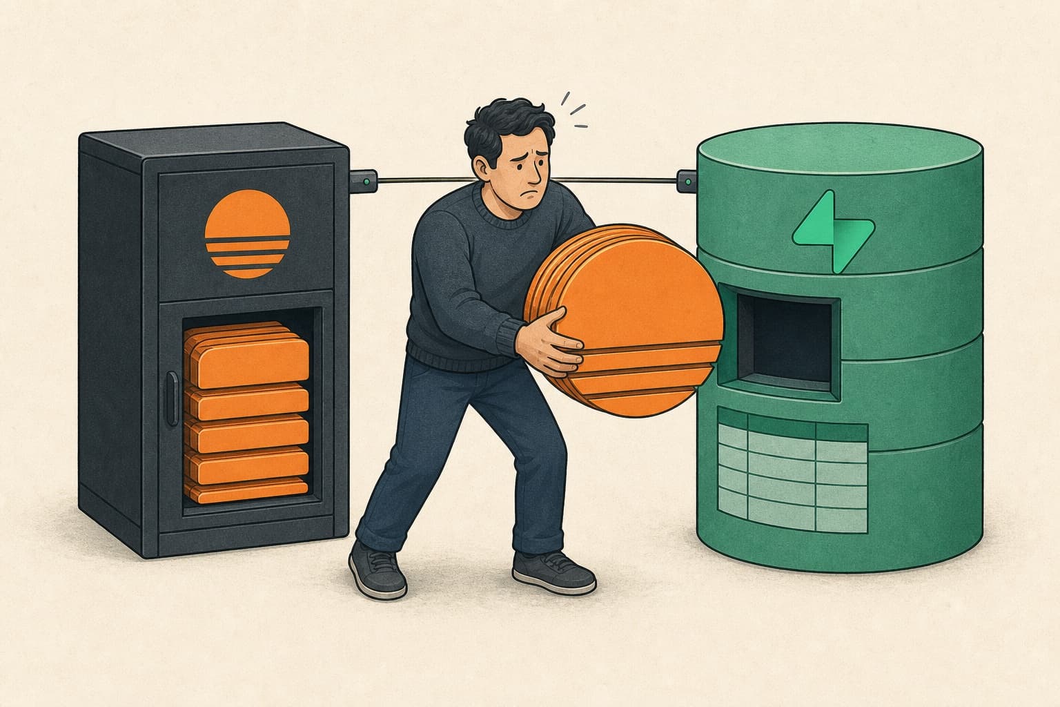 A worried app owner trying to fit a round Base44 data bundle into a square Supabase database opening while a cable connects the two systems