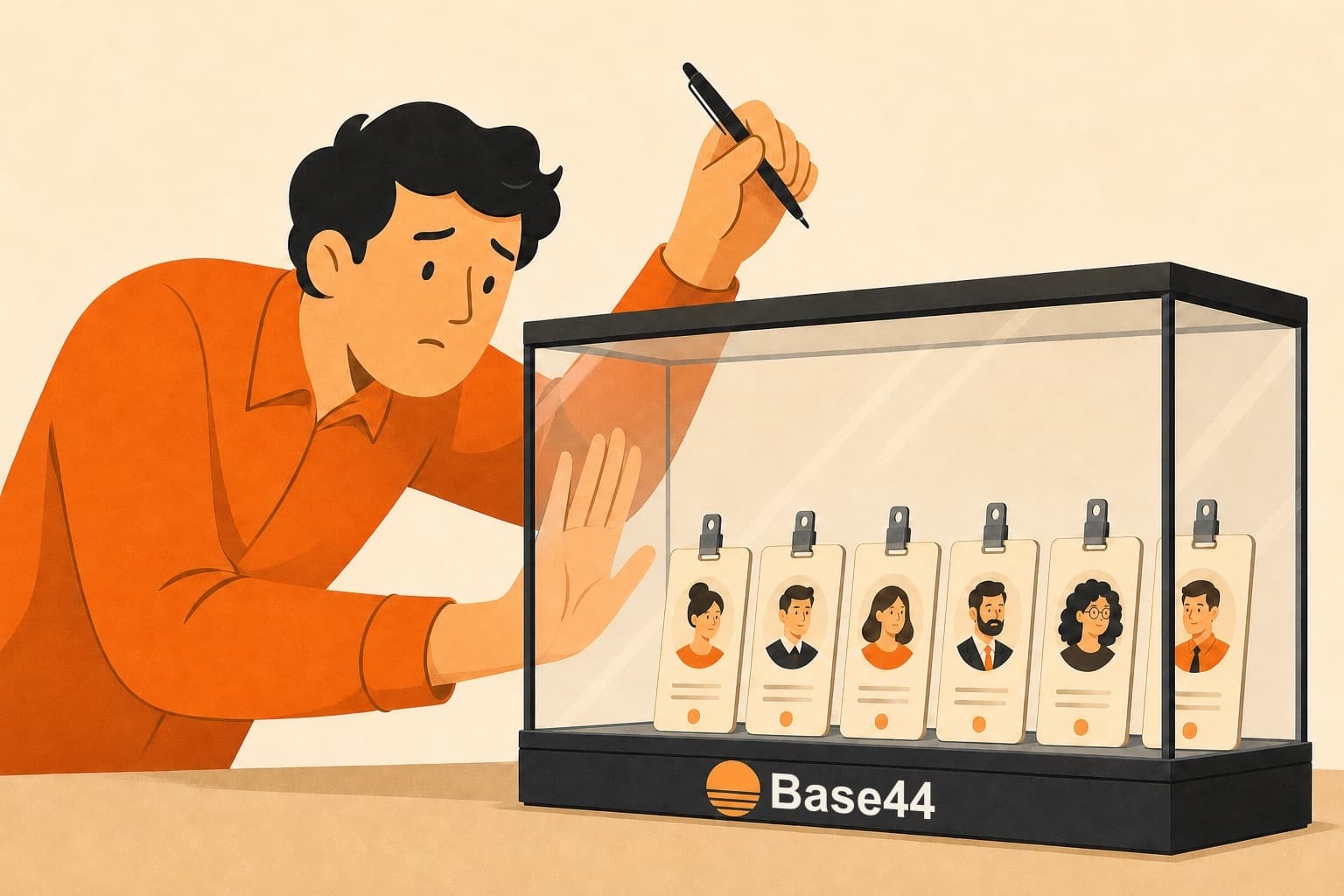 An app owner at a desk pressing a hand against a glass case of user ID badges with the Base44 logo on it, a pen raised, unable to reach them
