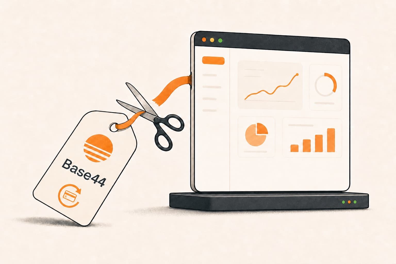 Scissors cutting the Base44 subscription tag away from an app that remains online